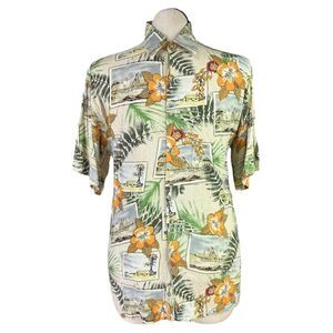 Pierre Cardin Hawaiian Shirt Men M Ivory Green Short Sleeve Floral Aloha VTG